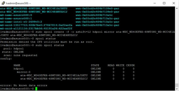 Ubuntu ZFS create mirrored zpool