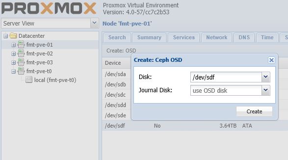 Proxmox VE Ceph Create OSD dialog