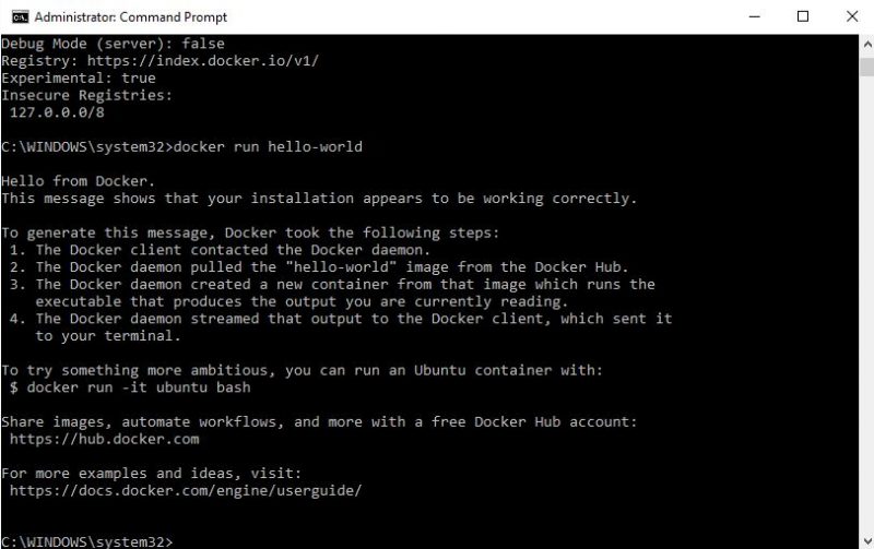 Docker for Windows run hello-world