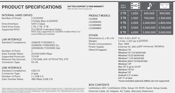 Buffalo LS220D 2 Drive NAS - Specifications