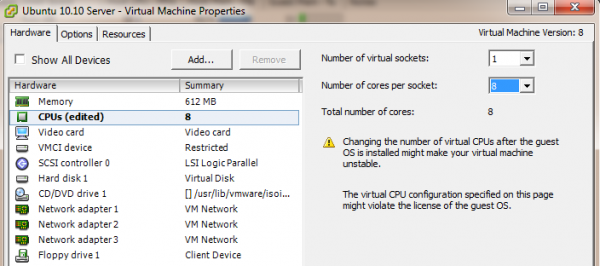 Feature vsmp not licensed - change to 8 vCPU