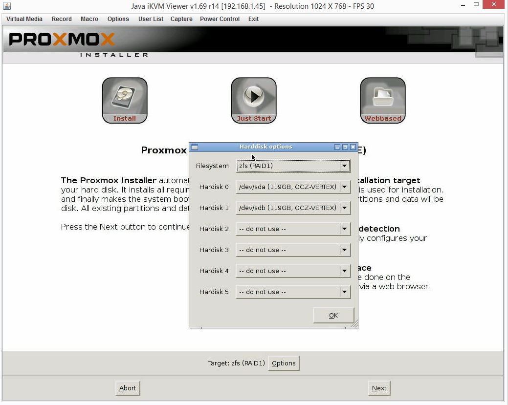 Proxmox VE 3.4 Installer Target Harddisk Options ZFS RAID1