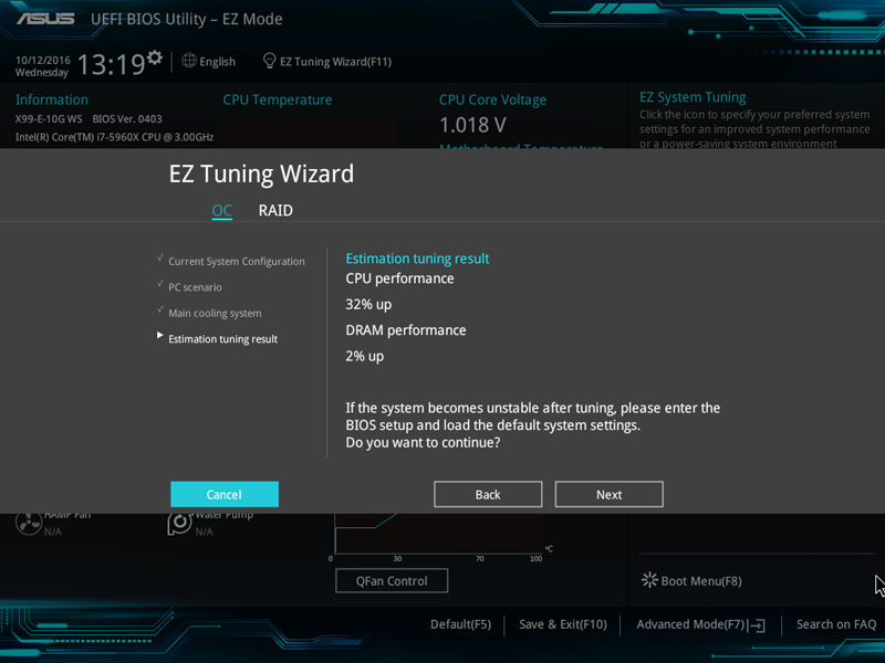 ASUS X99 E 10G WS Workstation BIOS EZ Tuning Wizard Results