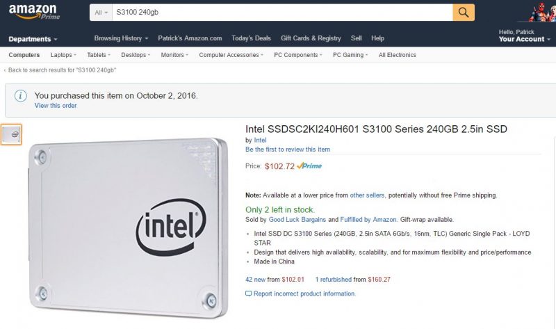 Intel DC S3100 240GB Amazon Purchase