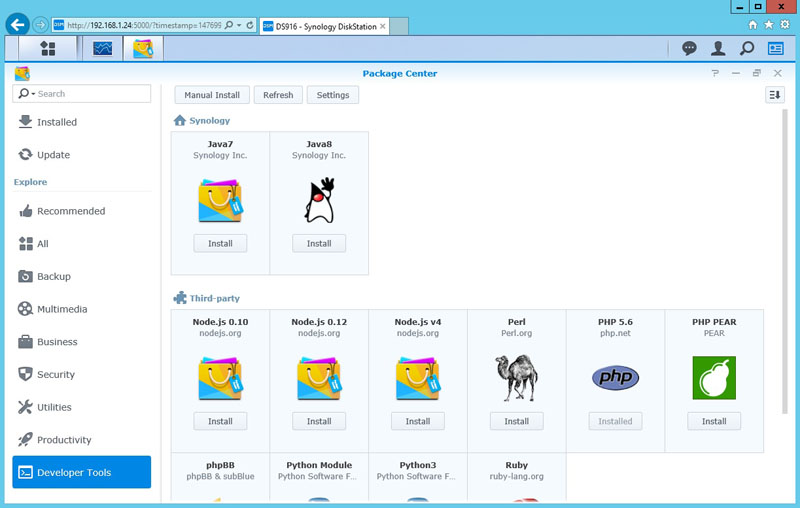 Synology DS916 Package Center Developer Tools