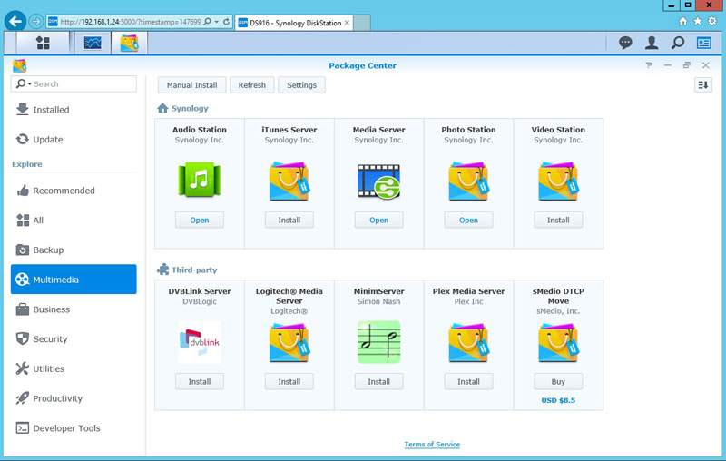 Synology DS916 Package Center Multimedia