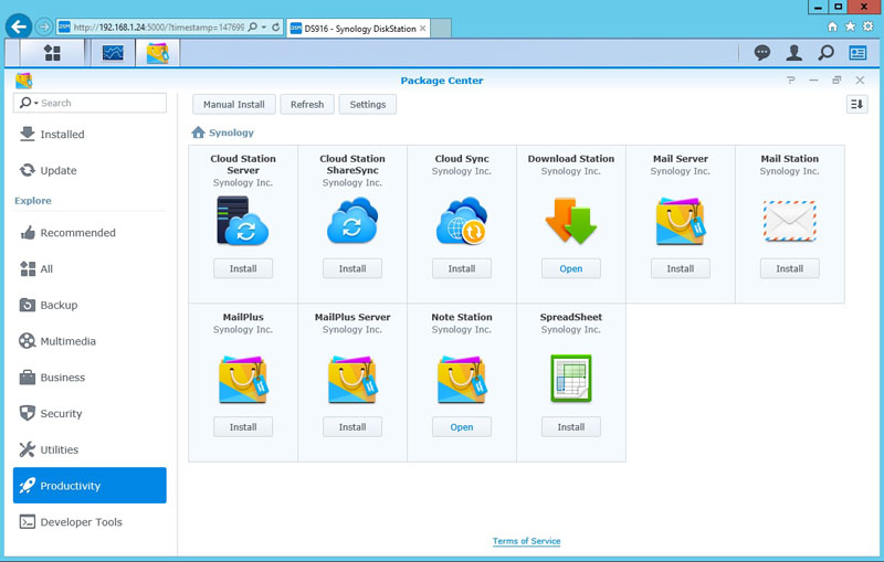 Synology DS916 Package Center Productivity