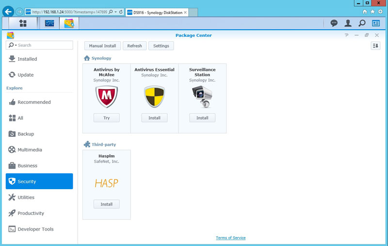 Synology DS916 Package Center Security