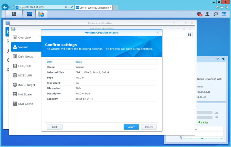 Synology DS916 Volume Confirm Settings