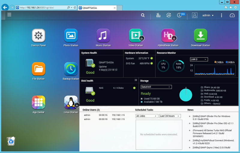 QNAP TS 453A Management Status Dashboard