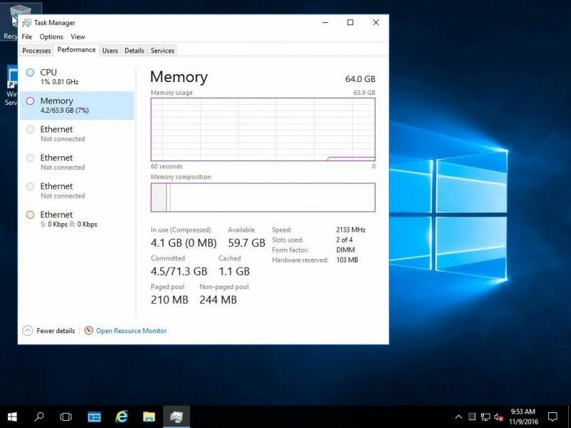 Windows Server 2016 Essentials RAM Usage