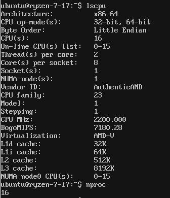 AMD Ryzen 7 1700X Lscpu And Nproc Output