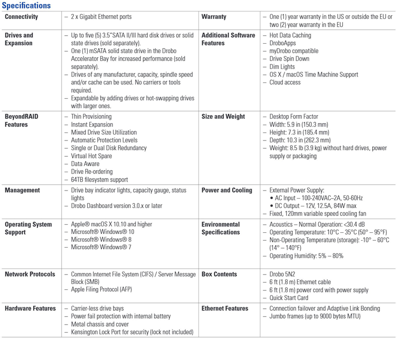 Drobo 5N2 Specifications