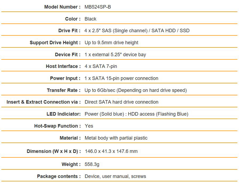 IcyDock FlexiDock MB524SP B Specifications