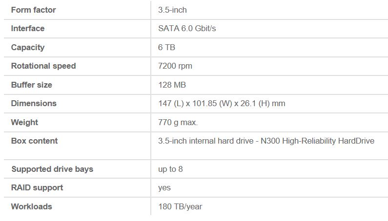 Toshiba N300 6TB NAS Specifications