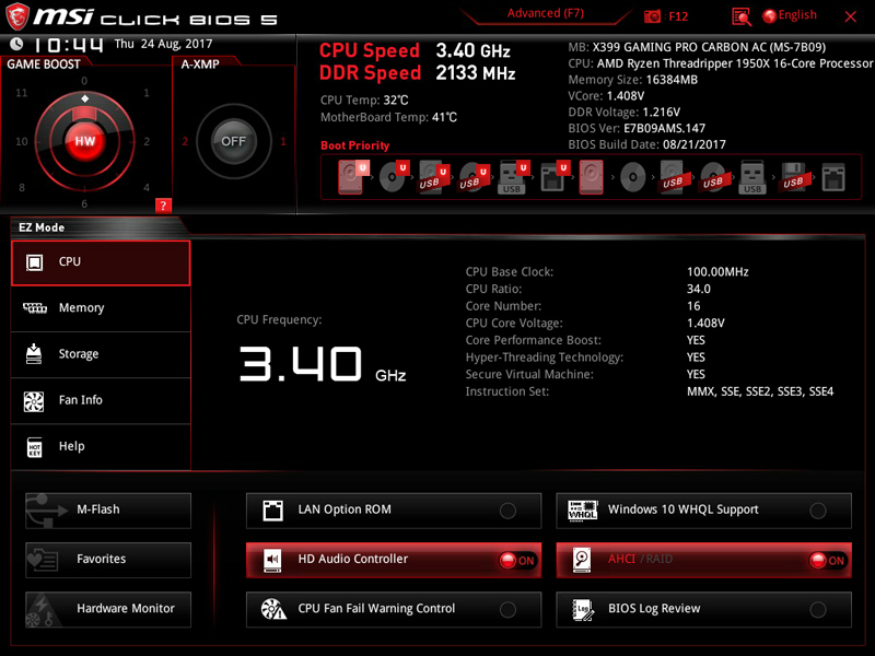 MSI X399 Gaming Pro Carbon AC Motherboard BIOS 1