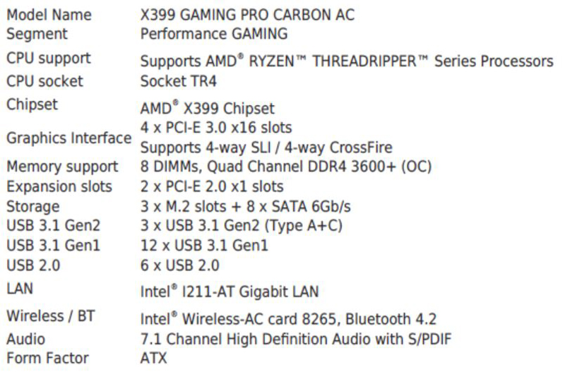 MSI X399 Gaming Pro Carbon AC Motherboard Specifications