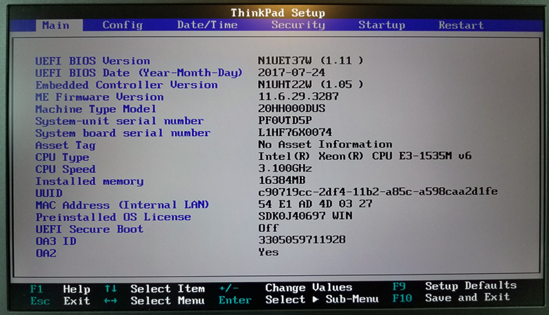 Lenovo ThinkPad P51 BIOS