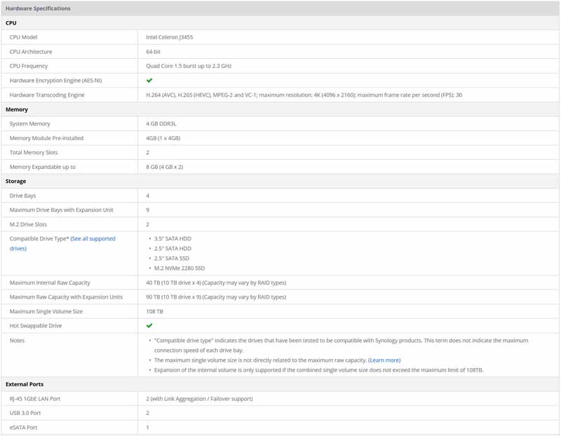 Synology DS918+ Specifications