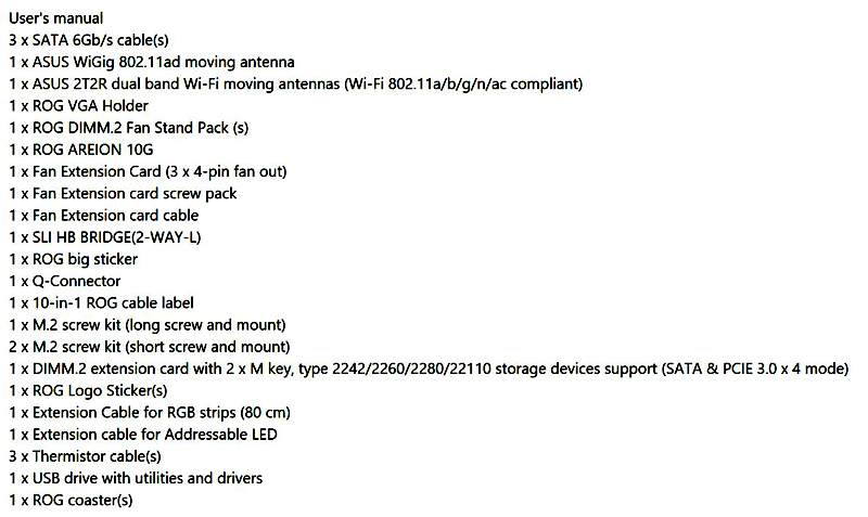 ASUS X399 Zenith Extreme Accessories List