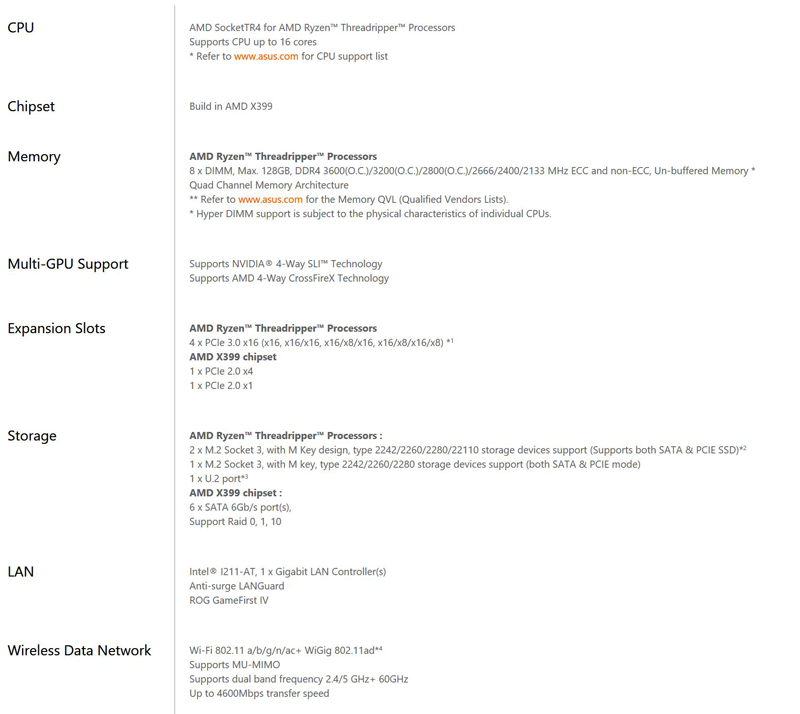 ASUS X399 Zenith Extreme Specifications