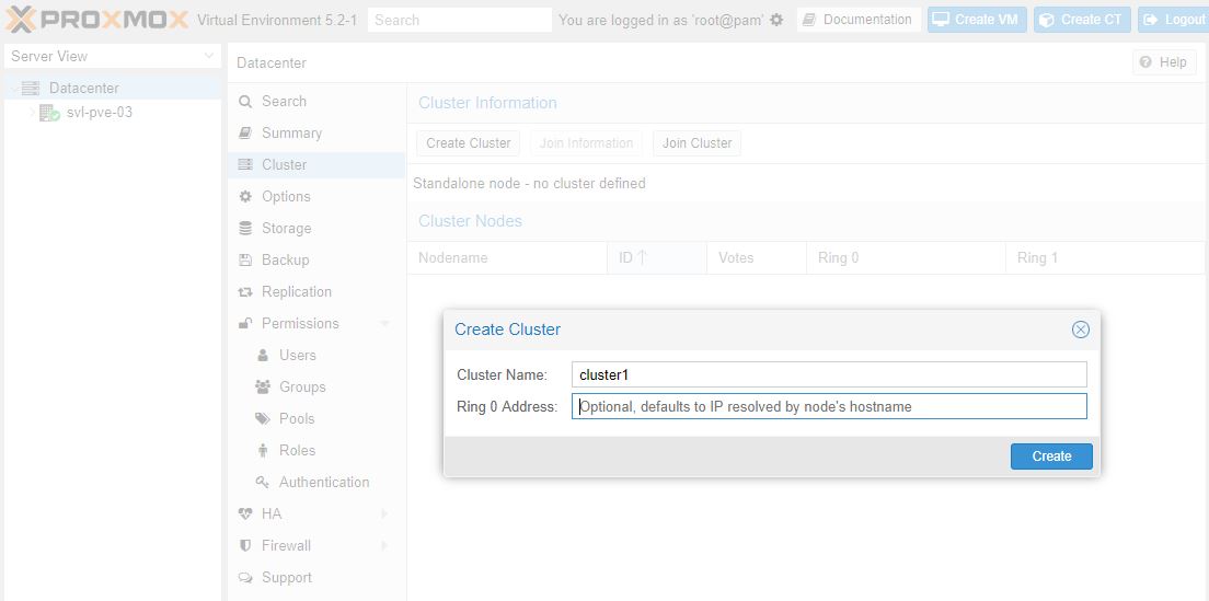 Proxmox VE 5 Cluster Create GUI