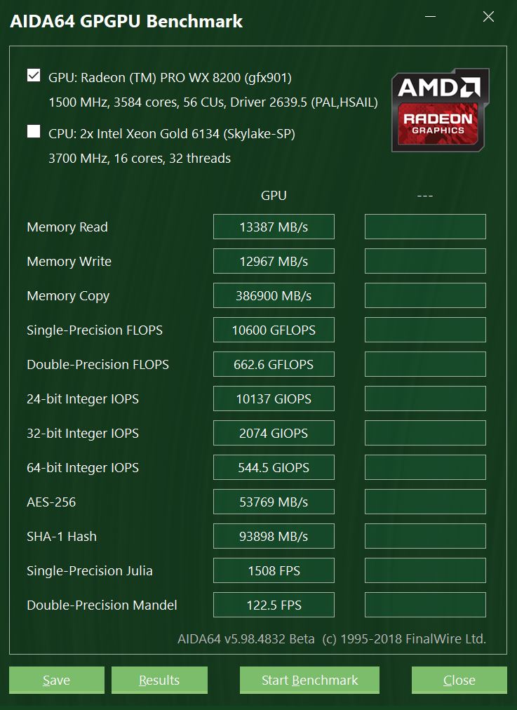 AMD Radeon Pro WX 8200 AIDA64 GPGPU