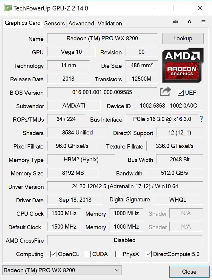 AMD Radeon Pro WX 8200 GPUz