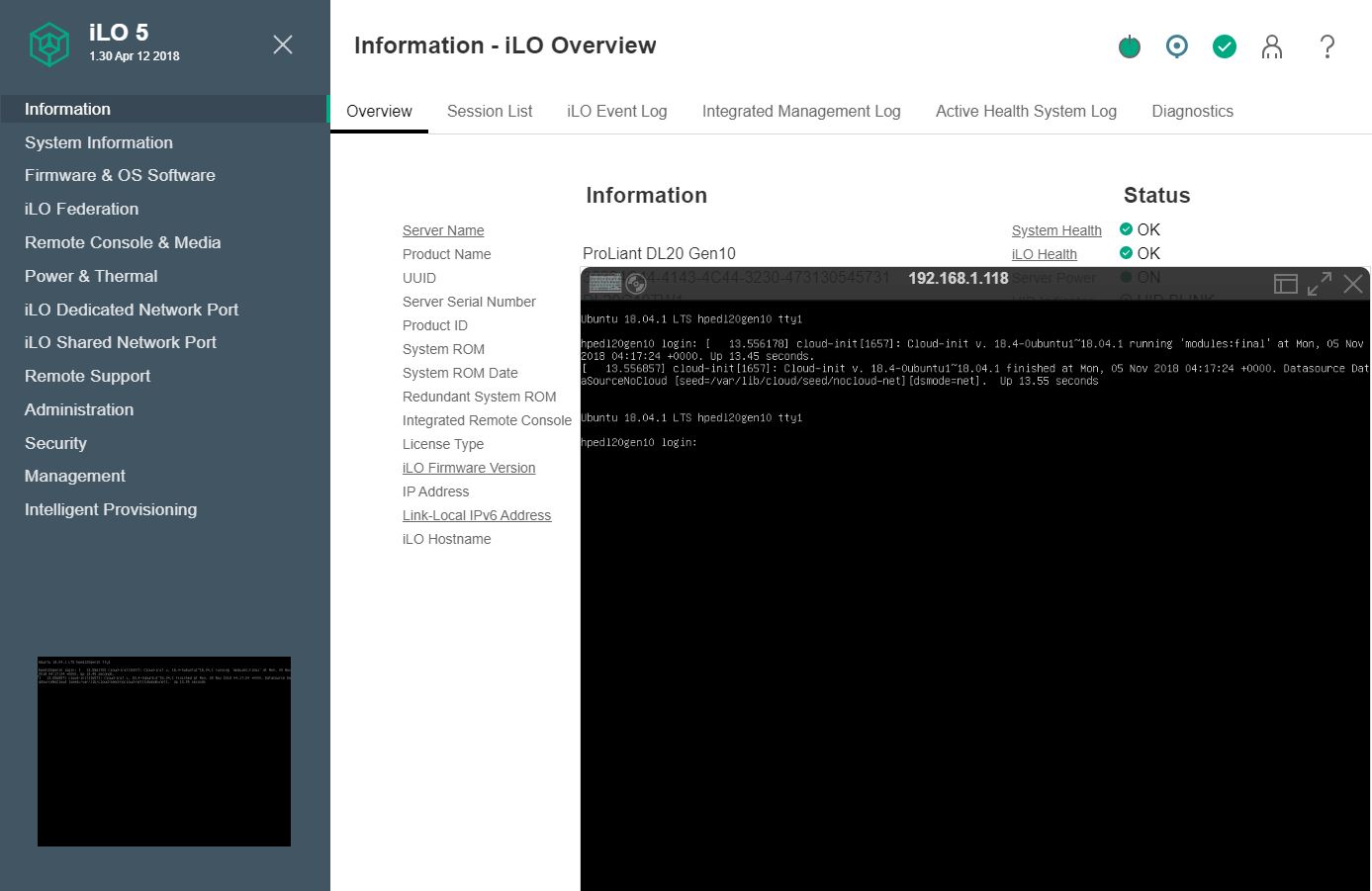 HPE ProLiant DL20 Gen10 ILO Advanced HTML5 IKVM