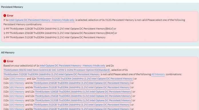 Lenovo Publishes its 1.2V Intel Optane DC Persistent Memory Guidelines Lenovo SR650 TruDDR4 Optane DC Persistent Memory In Configurator