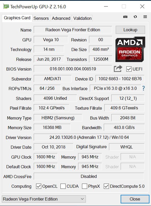 AMD Radeon Vega Frontier Edition GPUz