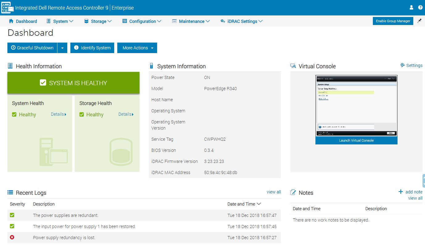 Dell EMC PowerEdge R340 IDRAC 9 Dashboard