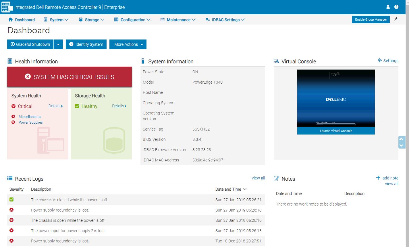 Dell EMC PowerEdge T340 IDRAC 9 Dashboard Alert