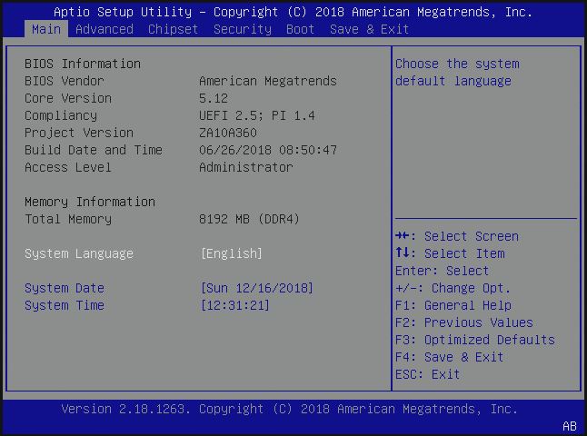 HPE ProLiant MicroServer Gen10 BIOS Main