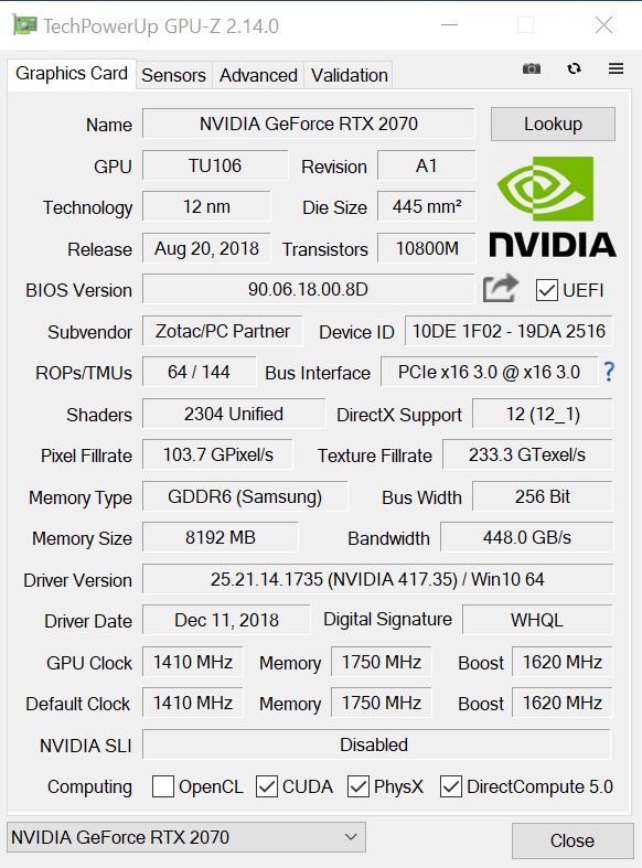 ZOTAC RTX2070 Blower GPUz