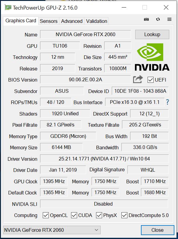 ASUS Turbo RTX2060 GPUz