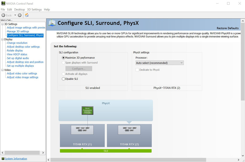 2x NVIDIA Titan RTX NVLink NV Control Panel