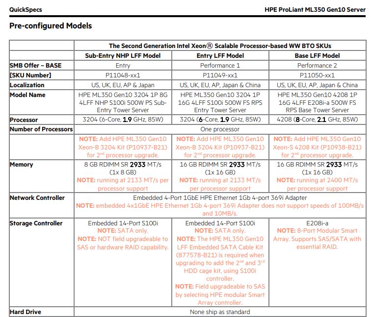 HPE ProLiant ML350 QuickSpecs Three Entry Models April 2 2019