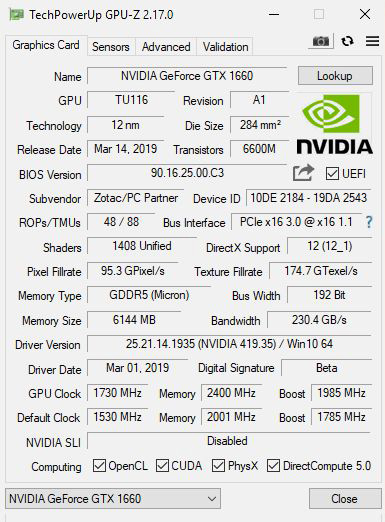 ZOTAC GTX 1660 6GB GPUz