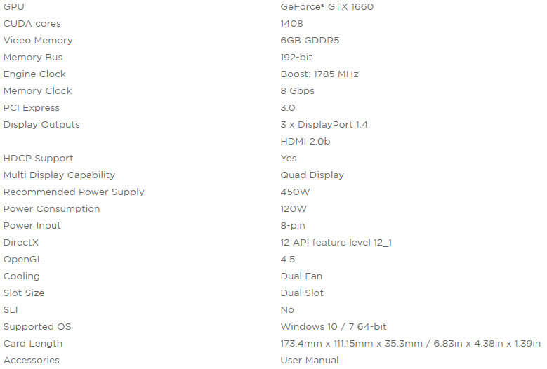 ZOTAC GTX 1660 6GB Specifications