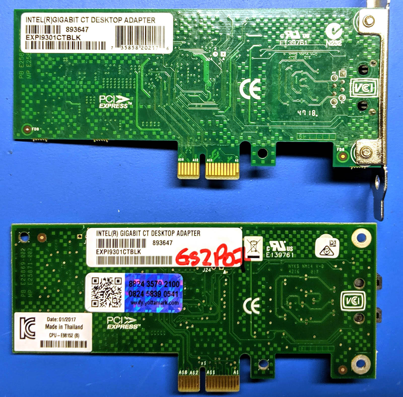 Counterfeit And Real Intel Gigabit CT Desktop Adapter Back