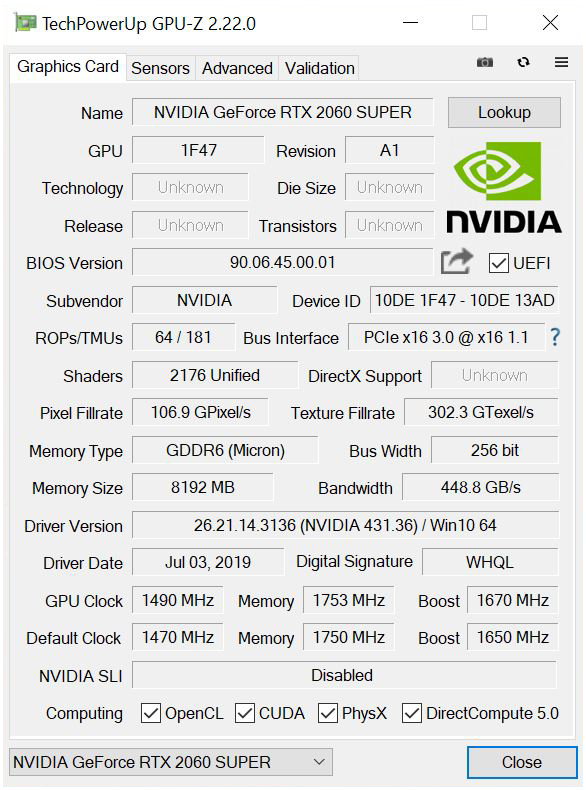 NVIDIA RTX 2060 SUPER GPUz