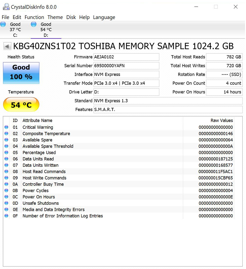 Toshia BG4 M2 2230 30mm NVMe SSD CrystalDiskInfo