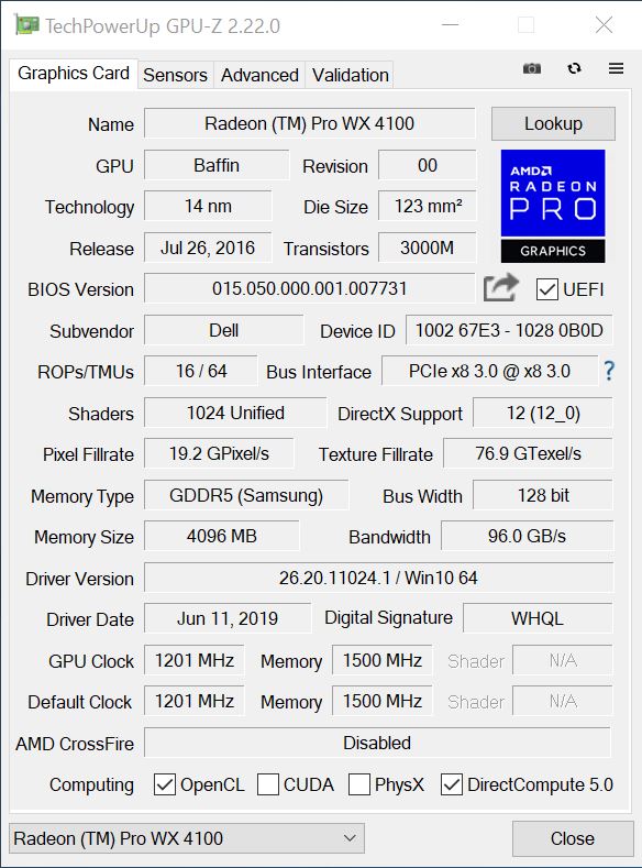 AMD Radeon PRO WX4100 GPUz