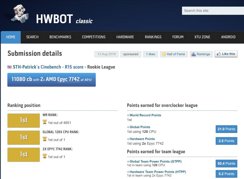 Dual AMD EPYC 7742 Cinebench R15 World Record August 2019 HWBot