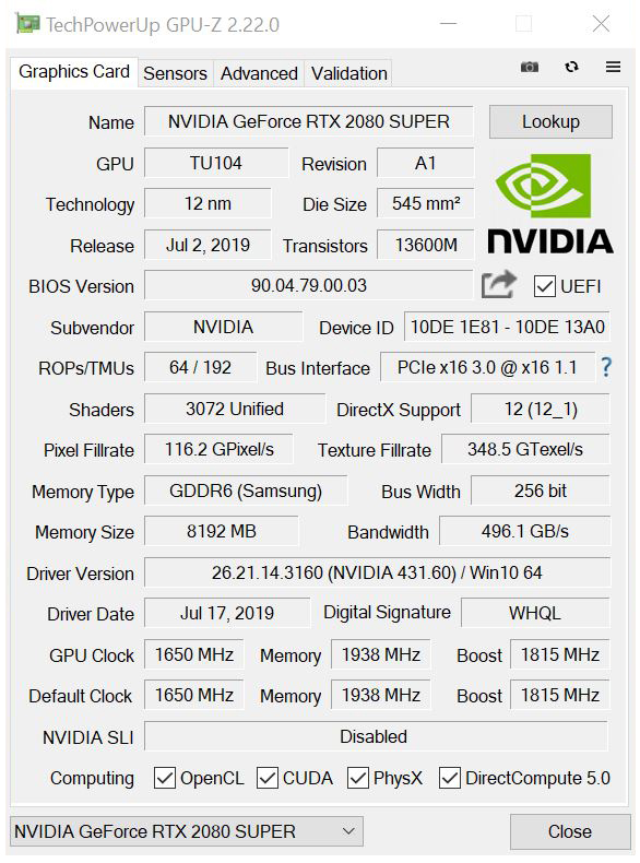 NVIDIA RTX 2080 Super GPUz