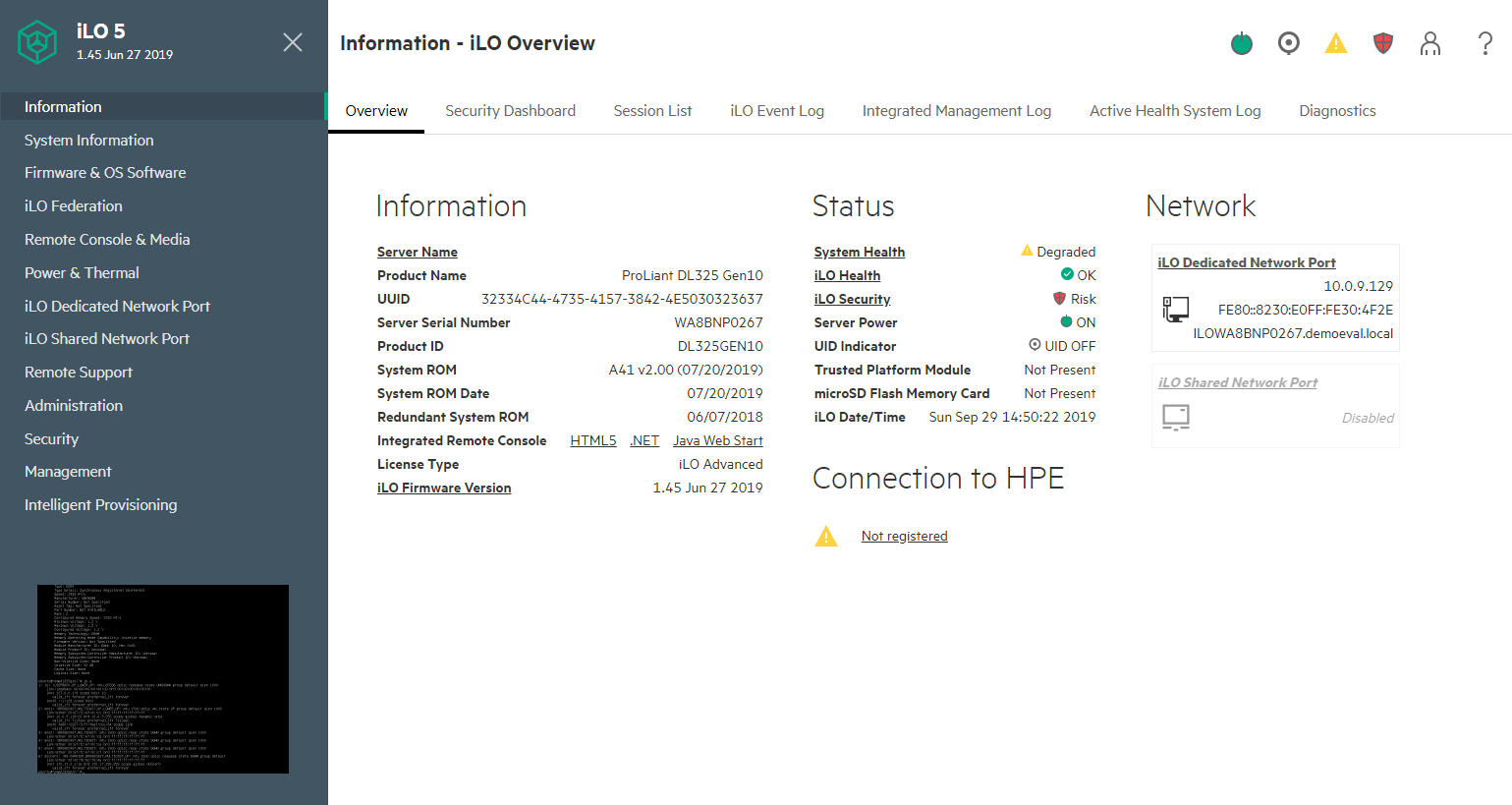 HPE ProLiant DL325 Gen10 ILO 5 Dashboard