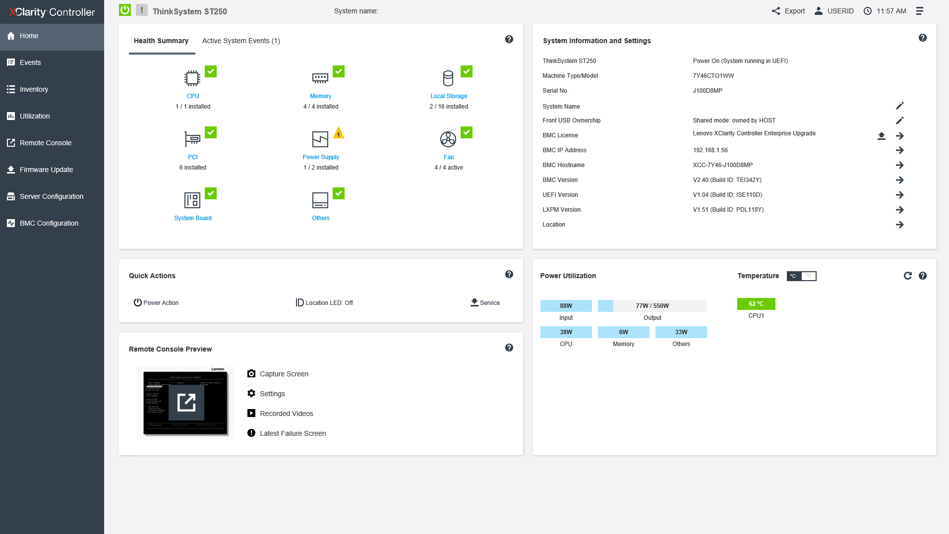 Lenovo XClarity Controller Dashboard ST250