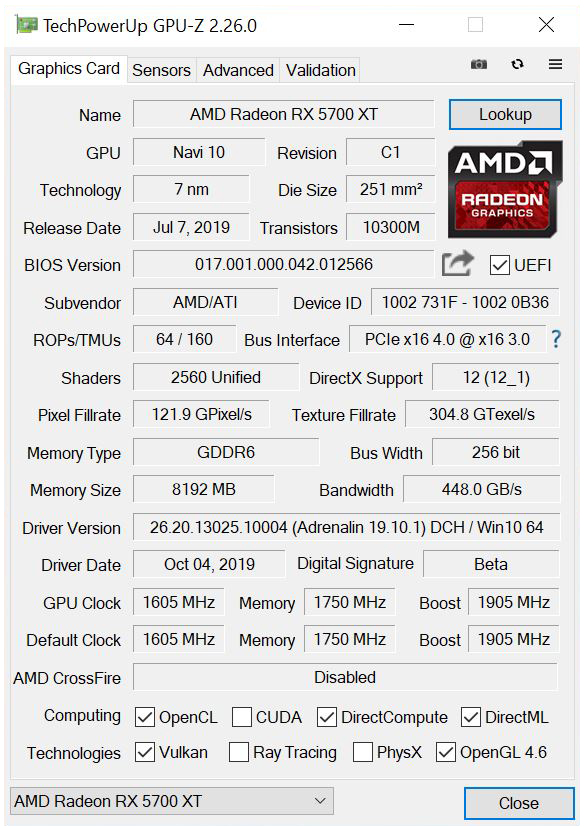 AMD Radeon RX 5700 XT GPUz