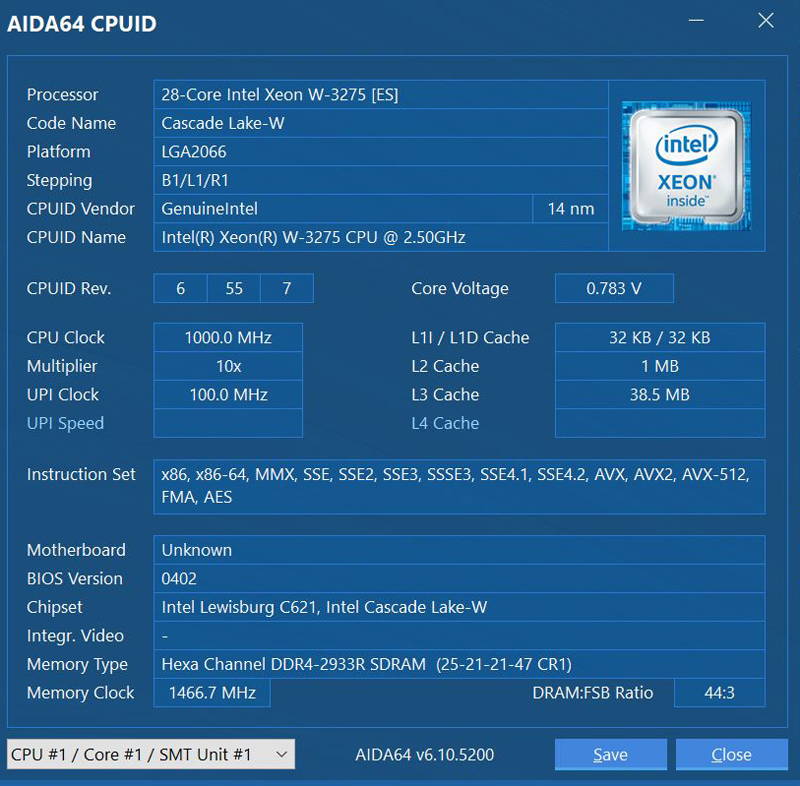 ASUS Pro WS C621 64L SAGE 10G AIDA64 CPU